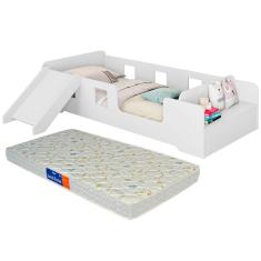 Cama Infantil Montessoriana com Escorregador e Grade Proteção com Colchão Manu Branco