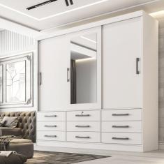 Guarda Roupa Casal 3 Portas com Espelho Central 9 Gavetas 100% MDF Atlanta Branco