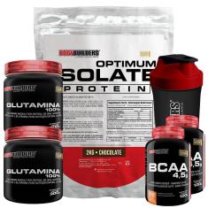 Kit Optimum Isolate Whey Protein 2kg+2x Bcaa 100g+2x Glutamina 300g+Coqueteleira-Bodybuilders-Unissex
