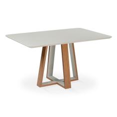 Mesa Jantar Livia Emilly Retangular 140 cm Tampo Madeira Vidro Colado Carvalho Amêndoa Laca Of White