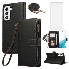 Asuwish Capa de celular para Samsung Galaxy S22 Plus S22+ 5G com zíper carteira de celular com protetor de tela de vidro temperado alça transversal suporte para cartão S22+5G S22plus 22S + S 22 22+