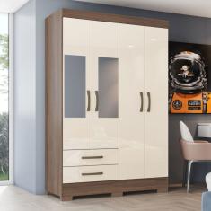 Guarda-Roupa Solteiro Fabuloso 4 Portas 2 Gavetas com Espelho Castanho Off White - Henn