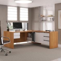 Mesa para Escritório em L Diretor com 5 Gavetas Y37 Freijó/Branco