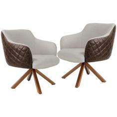 Kit 02 Poltronas Base Giratória Madeira Jade D02 Linho Bege C-107 Tres