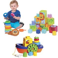 Kit de Brinquedos Didático Barco + Cubinhos 5 em 1 + Empilha