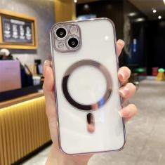 Capa luxuosa de carregamento sem fio magnética, revestida, para iphone 14 13 12 mini 11 pro xs max x xr 7 8 plus, capa macia transparente, roxa, para iphone 13