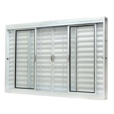 Janela de Aço Veneziana Central 100x150cm 6 Folhas com Grade Quadriculada e Vidro Liso Qualitysol Ramassol Branco