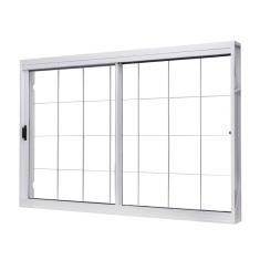 Janela de Aço de Correr Lateral 100x120cm 2 Folhas com Grade Quadruculada Vidro Liso Unic Sol Ramassol Branco