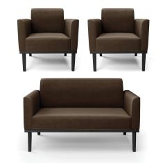 Sofá Namoradeira Com 2 Poltronas Base De Madeira Fixa Preto Marisa Suede Marrom D03 - D`Rossi