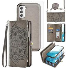Asuwish Capa de celular para Samsung Galaxy S22 5G carteira com zíper destacável com protetor de tela de vidro temperado alça transversal flor compartimento para cartão S 22 22S 4G G5 15.5 cm mulheres