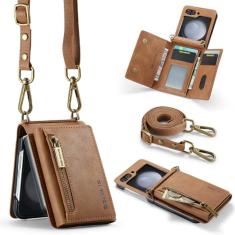 XYAJUANG Capa de telefone compatível com Samsung Galaxy Z Flip 5, design com zíper atualizado, capa de celular dobrável de couro PU com alça de ombro e suporte para cartão, capas de telefone com bolso