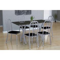 Conjunto de Mesa Miame com 6 Cadeiras Madri Branco Prata e Preto Liso 