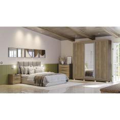 Guarda-roupa 3 Portas De Correr 2 Gavetas Com Pés E Espelho Nogueira-fendi