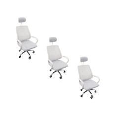 Kit 3 Cadeiras Escritório Diretor Tela Mesh Encosto De Cabeça Branco