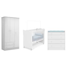 Quarto Infantil Guarda Roupa 3 Portas Meu Soninho, Berço e Cômoda Trocador Branco – FdECOR