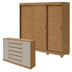 Conjunto de Guarda-Roupa 3 Portas 3 Gavetas Saion Plus com Pés e Cômoda Vedra  Amêndoa Clean/Off White