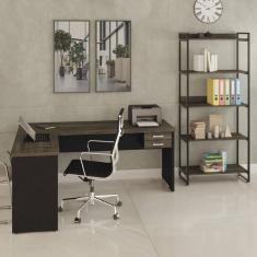 Conjunto Home Office 2 Peças com Escrivaninha Work30 e Estante Kuadra Carvalho Dark/Preto Ônix
