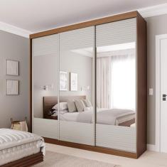 Guarda-roupa Casal 3 Portas de Correr Ripadas com Espelho Samambaia Cabecasa Madeiramadeira Freijó/Off White