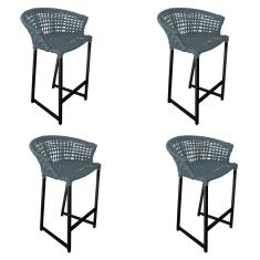 Kit 4 Banquetas Reis em Corda Náutica e Base em Alumínio Preta para Área Gourmet - Externa Cinza