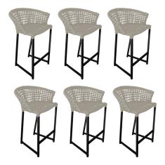 Kit 6 Banquetas Reis em Corda Náutica e Base em Alumínio Preta para Área Gourmet - Externa Areia