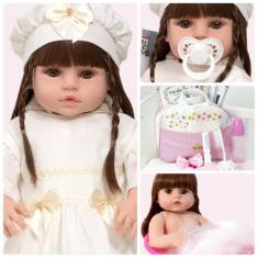 Boneca Reborn Silicone Princesa Cabelo Castanho + Acessórios - Cegonha