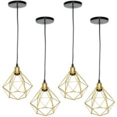 4 Pendentes Aramado Diamante Cabo 2 Mt Luminária Lustre Luxo Industria
