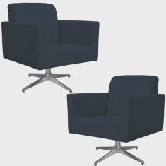 Kit 02 Poltronas Decorativas Base Giratória Para Sala de Estar Helô L02 Suede Azul Marinho - Lyam Decor