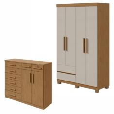 Conjunto de Guarda-roupa 4 Portas 2 Gavetas Zeus com Pése Cômoda 8 Gav