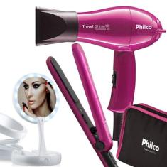 Kit Mini Secador De Cabelo Philco 1000w e Chapinha Pequeno Viagem Dobr