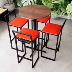 Conjunto Mesa Alta Bar Bistrô Redonda Imbuia 4 Banquetas Confort Estof