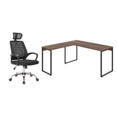 conjunto de mesa kuadra nogal 150 cm com cadeira de escritório diretor giratória light preta