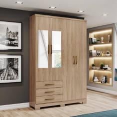 Guarda-roupa Solteiro 4 Portas 3 Gavetas com Espelho Caju Jequitibá Brilho