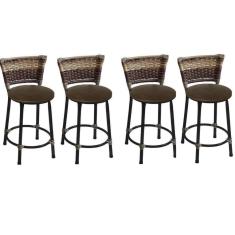 Kit 4 Banquetas Baixas Preta com Encosto Junco Capuccino Assento Marrom