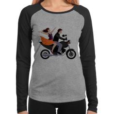 Baby Look Raglan Moto Casal Manga Longa - Foca na Moda, Cinza, Preto, 