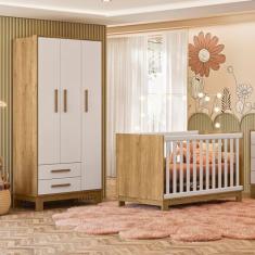 Quarto de Bebê Qencanto Slim com Roupeiro 4340 e Berço 4315 Qmovi Freijó Branco Acetinado + Colchão Gazin