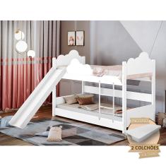 Beliche Solteiro Montessoriana Erika Nuvem com Escorregador e Colchões - Branca