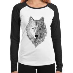 Baby Look Raglan Lobo Mandala Manga Longa - Foca na Moda, Branco, Pret