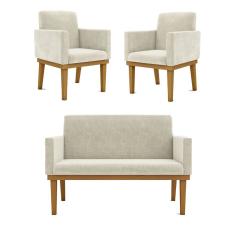 Kit Sofá Namoradeira e Poltrona Nina Reforçada Suede Bege Balaqui Decor