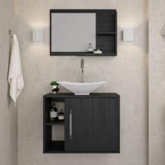 Conjunto para Banheiro Gabinete com Cuba Folha L38 e Espelheira Laura 600 Yescasa Preto Onix