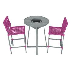 Conjunto Bistrô Champanheira Cinza Tampo Ripado E 2 Banquetas França Corda Náutica Rosa - Cor: Rosa