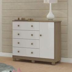 Cômoda de Bebê 1 Porta 4 Gavetas Uli - Móveis Peroba, Branco Brilho/Ca