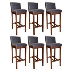 Kit 6 Banquetas Alta Estofada Lisboa 100 Cm Madeira Maciça Suede Cinza