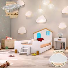 Cama Montessoriana Infantil Juvenil Belissima Azul - Branco E Amêndoa + Luminária Led + Colchão - Branco