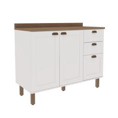 Balcão para Cozinha 2 Portas 3 Gavetas Provençais com Tampo Iluminata Genialflex Branco Fosco/Ébano Fosco