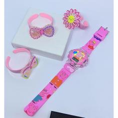 Kit Relógio Infantil Digital Pisca Luz Toca Musica Princesas Disney Minnie Barbie + Pulseira Bracelete 3D Colorida