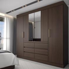 Guarda-Roupa Casal Marrom 4 Portas 6 Gavetas com Espelho ébano - Loja