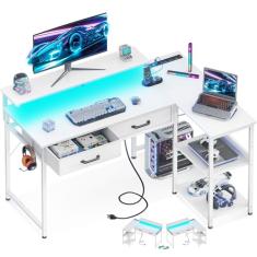 Coleshome Mesa de jogos em forma de L de 101 cm com 2 gavetas e prateleiras de armazenamento, mesa de computador com portas USB, mesa de estudo para quarto, mesa de laptop moderna simples para