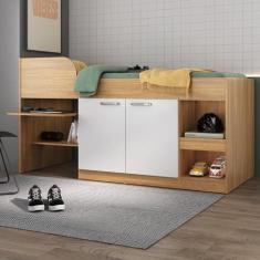 Cama Solteiro Multifuncional para Colchão 188 x 78cm com 2 Portas e Es