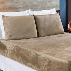 Jogo De Cama Lençol Biasoft Casal Queen Manta Flannel Toque Extra Macio 03 Peças - Cáqui