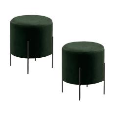 Conjunto - 2 Puffs Banqueta Odim Base Metálica Preta Luxo Veludo Verde